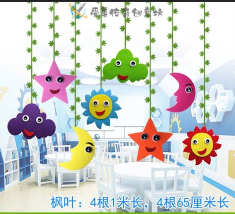 Class Hanging Decorations, Danglers For Preschool, Class Hangings For Preschool, Preschool Hanging Decorations, Hanging For Classroom Decoration, Hanging Crafts For Kids Classroom, Classroom Ceiling Decorations Preschool, Hangings For School Decoration, Hanging For Preschool Decoration