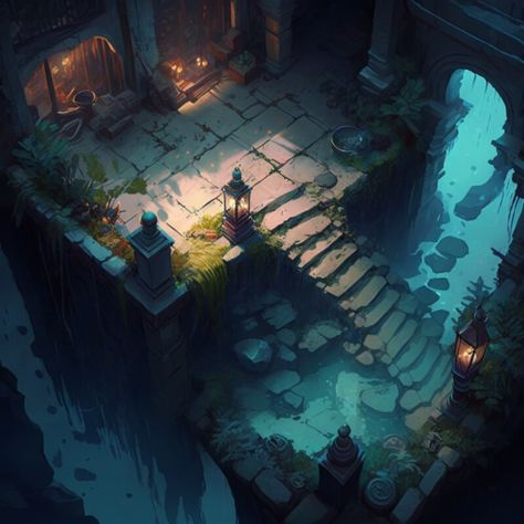 Water Dungeon, Underwater Room, Game Art Environment, Dungeon Room, Top Down Game, Game Level Design, Isometric Art, Game Environment, Low Poly Art