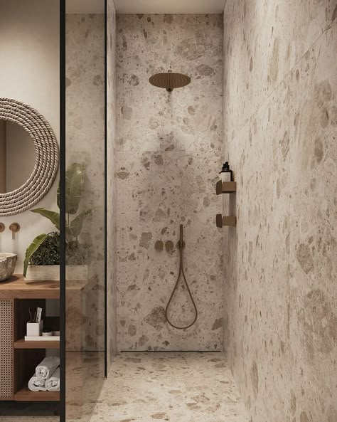 Feature Shower Wall, Drømme Bad, Organic Bathroom, Earthy Bathroom, Neutral Bathroom Decor, Natural Stone Bathroom, Stone Shower, Serene Bathroom, Natural Bathroom