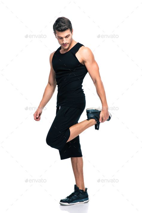 Sports man stretching legs by vadymvdrobot. Full length portrait of a sports man stretching legs isolated on a white background#legs, #vadymvdrobot, #Full, #Sports Man Stretching Reference, Dc Redesign, Man Stretching, Leg Reference, Street Japan, Healthy Man, Retro Motorcycle, Photography Websites, Human Reference