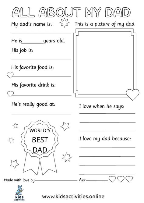 Free All About My Dad Printable! ⋆ Kids Activities Fathers Day Questionnaire, All About My Dad, Diy Father's Day Crafts, Dad Printable, Father's Day Activities, Father's Day Printable, Printable Kids, I Love My Dad, Father's Day Diy