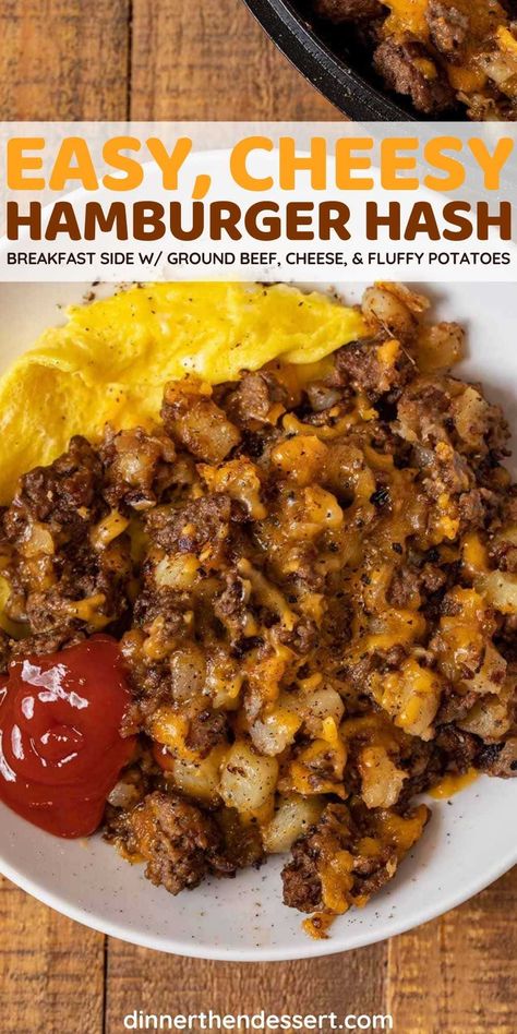 Cheesy Hamburger Hash is a filling, savory breakfast that's perfect for the whole family with ground beef, melty cheese, and fluffy, crispy potatoes. #dinner #breakfast #hamburger #breakfasthash #dinnerthendessert Hamburger Breakfast Recipes, Breakfast Hamburger, Hamburger Meat Recipes Easy, Hamburger Hash, Ground Beef Breakfast, Potatoes Dinner, Hamburger And Potatoes, Ground Beef And Potatoes, Hashbrown Recipes