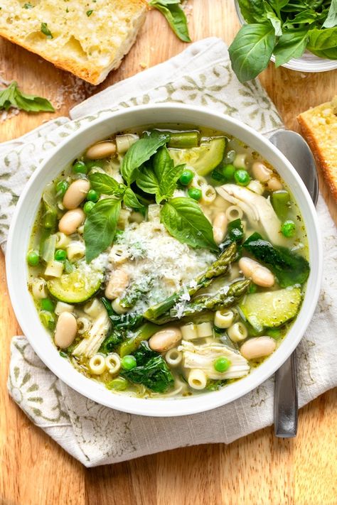 This vibrant, green minestrone soup is filled with an array of nutritious green veggies, tender chicken and creamy white beans! | thecozyapron.com #greenminestronesoup #greenminestrone #greenminestronesouprecipe #greenminestronesoupwithbasil #springgreenminestronesoup Ditalini Pasta, Green Veggies, Veggie Stock, Minestrone Soup, Soup Season, Cannellini Beans, Minestrone, Soup Pot, Chicken Tenders