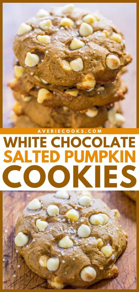 This pumpkin dessert recipe is perfectly sweet and salty! Not only are these soft and chewy pumpkin cookies studded with white chocolate chips, but they are balanced with sea salt. Enjoy fall baking! Pumpkin White Chocolate Chip Cookies, Chewy Pumpkin Cookies, Pumpkin White Chocolate, Pumpkin Cream Cheese Pie, Pumpkin Recipes Easy, Fall Baking Recipes, Thanksgiving Desserts Easy, Cookies Soft, White Chocolate Chip