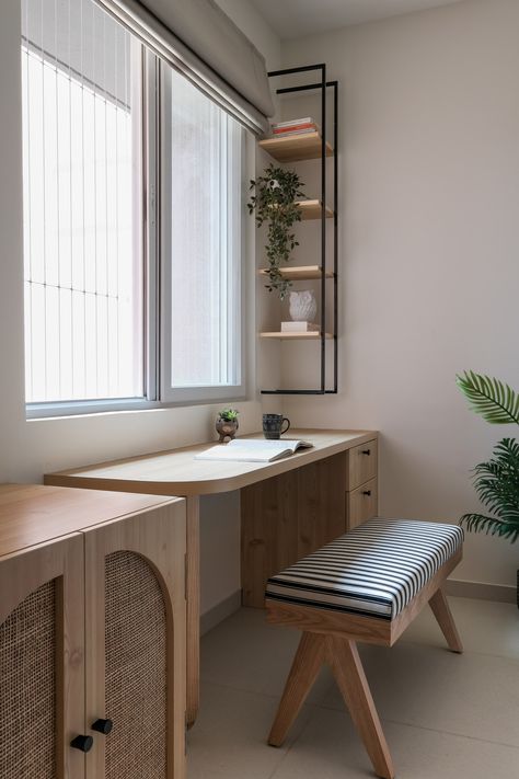 Japandi Studio Apartment, Japandi Small Apartment, Living Room Office Combo, Grey Quartz Countertop, Grey Subway Tiles, Ceiling Treatments, Custom Benches, Small Balcony Ideas, First Apartment