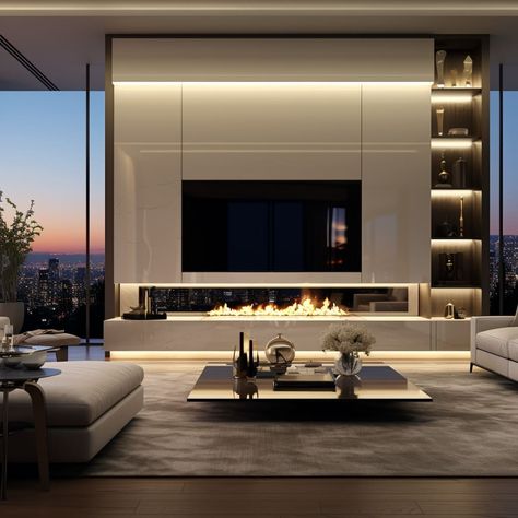 Fireplace And Tv Unit, Tv Cabinet Interior Design, Tv Unit With Fireplace Modern, Tv And Fire Wall Ideas Modern, Big Tv Wall Ideas Living Room, Fireplace Tv Wall Modern, Tv Unit With Fireplace, Tv Cabinet With Fireplace, Contemporary Living Room With Fireplace