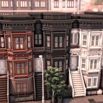 Street House Design, Bloxburg Victorian Townhouse, New York Brownstone Exterior, New York Houses Exterior, New York Buildings Bloxburg, New York Brownstone Aesthetic, Bloxburg London Townhouse, Sims 4 English Townhouse, San Francisco Townhouse Bloxburg