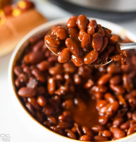 Easy No Soak Instant Pot Baked Beans with bacon Baked Beans With Hamburger, Instant Pot Baked Beans, Baked Bean Recipe, Cowboy Baked Beans, Canned Baked Beans, Baked Beans With Bacon, Homemade Baked Beans, Boston Baked Beans, Bean Recipe