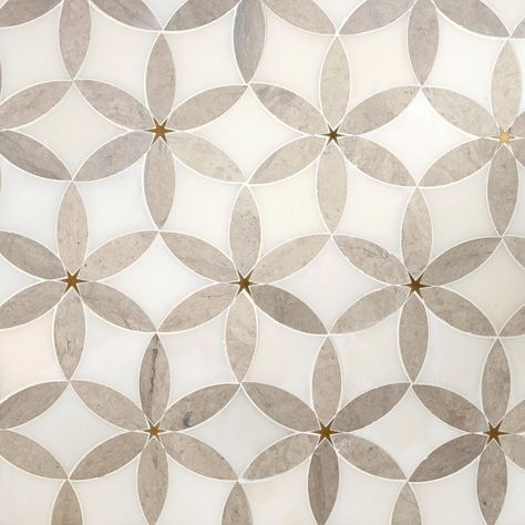 Viviano Marmo | Cressida II Royal White and Brass Waterjet Marble Mosaic Tile, 11 x 13, Grey, 0.3 inch Thick - Floor & Decor Laundry Room Tiles Floor, Waterjet Marble, Tile Designs, Marble Mosaic, Organic Design, Mosaic Designs, Water Jet, Bathroom Style, Shower Floor