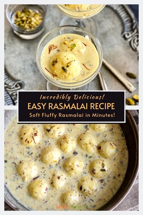 This Easy Rasmalai Recipe features rasgulla balls in a silky smooth cream perfumed with nuts, saffron and cardamom ready in 25 minutes! Easy Rasmalai Recipe, Rasmalai Recipe, Easy Indian Dessert, Diwali Sweets Recipe, Cravings Recipes, Indian Pudding, Bengali Recipes, Awesome Desserts, Diwali Snacks