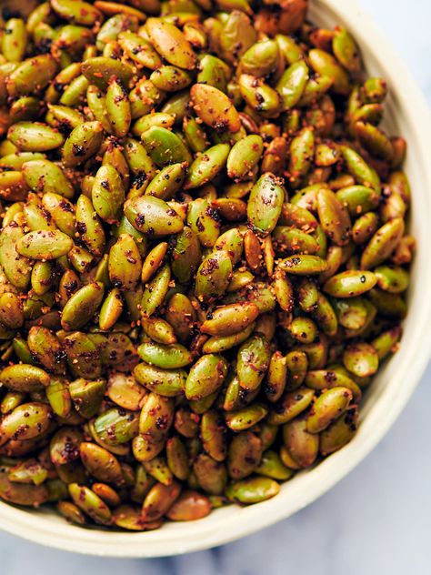 Salty Vegan Snacks, Pepitas Recipes, Spicy Pepitas Recipe, Sweet And Spicy Peanuts Recipe, Chili Roasted Pistachios, Vegan Spiced Nuts Recipe, Roasted Chickpeas Chili Lime, Spicy Roasted Peanuts Recipe, Protein Rich Snacks