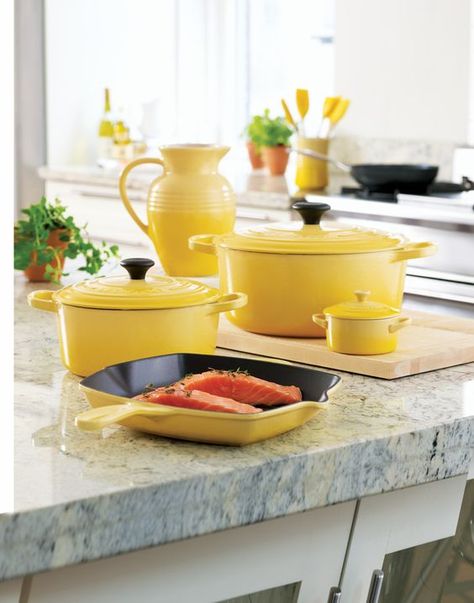 Yellow Kitchen Accessories, Yellow Kitchen Designs, Kitchen Niche, Yellow Kitchen Decor, Le Creuset Cookware, Lemon Kitchen, Kitchen Manufacturers, Revere Pewter, Minimalist Home Interior