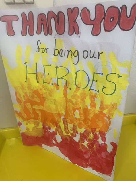 Community Heroes Crafts, Fire Safety Gross Motor Preschool, Fire Safety Process Art, First Responder Appreciation Ideas, Firefighter Appreciation Gifts From Kids, Preschool Fireman Craft, Firefighter Art And Craft, Fireman Thank You Card Preschool, Fire Prevention Crafts For Preschool