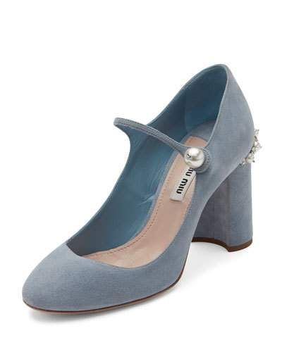 S18F9 Miu Miu Pearly Suede Mary Jane Pump, Light Blue Blue Mary Janes, Miu Miu Heels, Blue Mary, Velvet Pumps, Monk Strap Shoes, Miu Miu Shoes, Mary Jane Pumps, Mary Jane Heels, Footwear Design Women