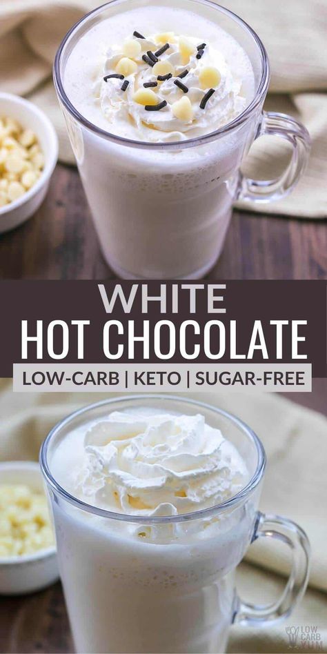 Hot Chocolate Bar Party, Sugar Free Hot Chocolate, White Hot Chocolate Recipe, Keto Drinks, Low Carb Drinks, Hot Chocolate Recipe, White Hot Chocolate, Sugar Free Low Carb, Keto Drink