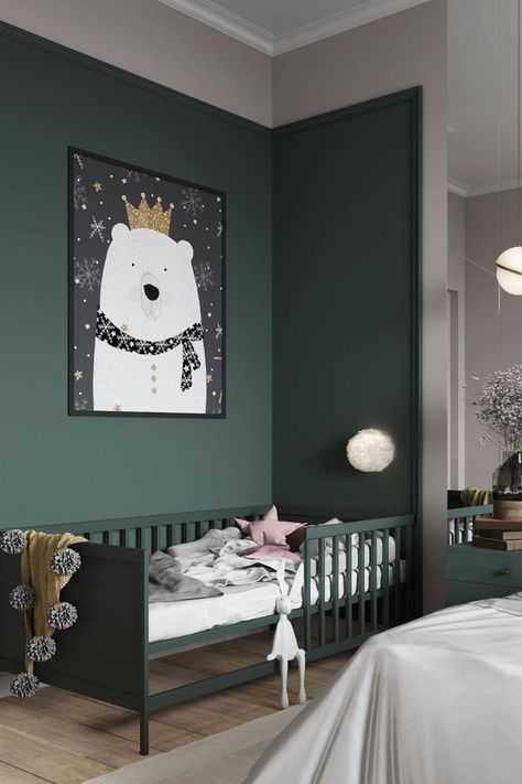 Dark Green Playroom, Dark Green Kids Room, Dark Kids Bedroom, Green Childrens Bedroom, Modern Toddler Bedroom, Green Bedroom Inspirations, Luxury Decor Ideas, Green Playroom, Boys Room Colors