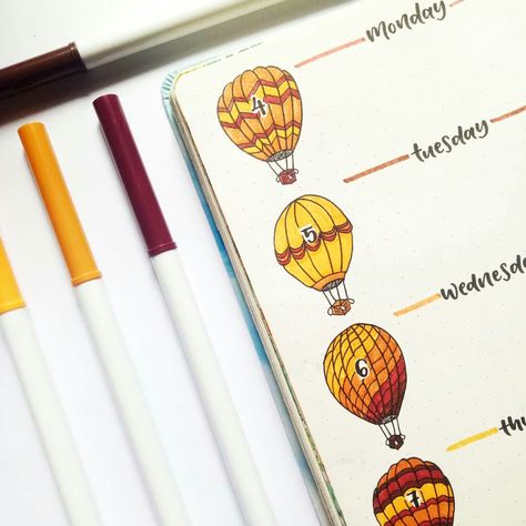 Hot Air Balloon Bullet Journal, Bujo February, September Spread, February Bujo, August Bujo, April Bujo, Bujo Themes, April Bullet Journal, Journal Weekly Spread