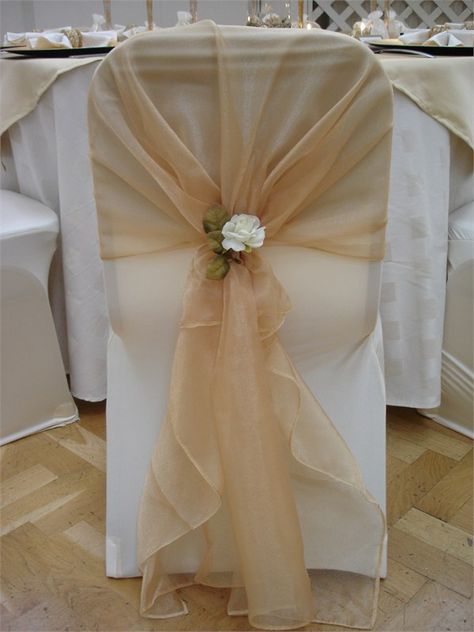 Chair Cover Decor, Wedding Chair Covers And Sashes, White Chair Covers With Gold Sash, Organza Chair Sash Ideas, Event Chair Decor, Wedding Chair Decorations Reception, Chair Sash Ideas, Chair Cover Ideas, Chair Covers Wedding Reception