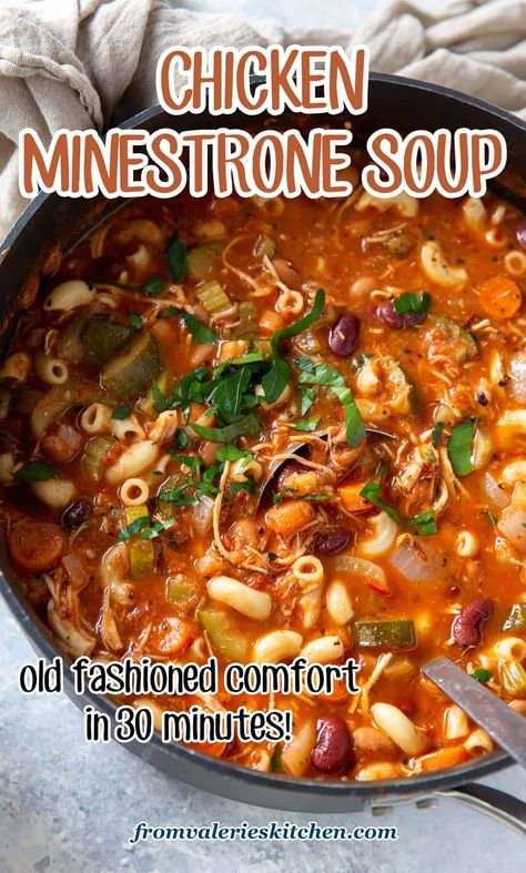 Chicken Minestrone Soup Recipe, Ministroni Soup Recipe, Chicken Minestrone Soup, Chicken Breast Soup, Elbow Pasta Recipes, Chicken Pasta Soup, Southwest Chicken Soup, Rotisserie Chicken Soup, Italian Chicken Soup