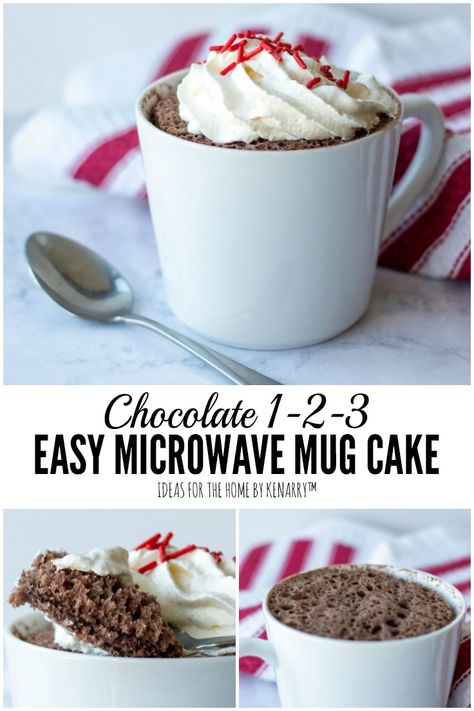 Need to satisfy your sweet tooth? Try this easy 1-2-3 Mug Cake, a single-serving warm dessert, you just microwave in a cup for a minute. It's delicious, quick and uses cake mix! #microwavecake #easydessert #kenarry #ideasforthehome 1 2 3 Mug Cake Recipes, 3 2 1 Cake In A Mug, Weight Watchers 3 2 1 Mug Cake, Cupcake In A Cup Microwave, Cake Mix In A Cup Microwave, Easy Cake In A Cup Recipe, Single Serve Cake In A Cup, 1 2 3 Cake In A Cup, 321 Cake In A Mug