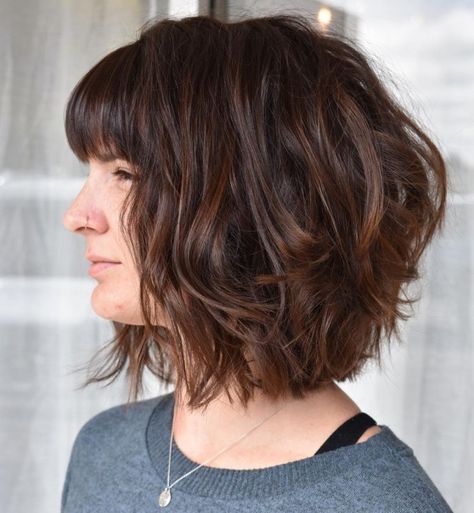 Neck-Length Wavy Cut with Bangs Neck Length Hair, Haircuts Trending, Layered Haircuts Shoulder Length, Curly Pixie Hairstyles, Textured Layers, Hair Adviser, Medium Layered Hair, Bob Hairstyles For Thick, Wavy Haircuts