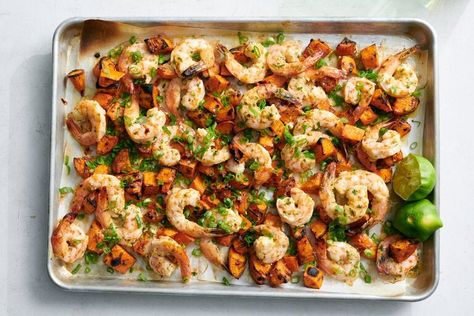 Sheet-Pan Coconut Shrimp and Sweet Potatoes Recipe - NYT Cooking Shrimp Sweet Potato, Hawaiian Sheet Pan, Matzo Brei, New York Times Recipes, Melissa Clark, Shortbread Recipe, Sheet Pan Chicken, One Dish Meals, Shrimp Recipes For Dinner