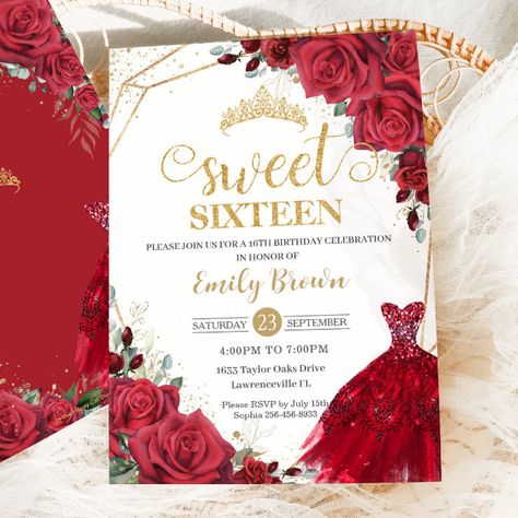 Gold Princess Dress, Dress Sweet 16, Sweet Sixteen Birthday Invitations, Sweet Sixteen Birthday Party Ideas, Rose Gold Invitations, Rosé Birthday, Girl Red Dress, Sweet Sixteen Birthday, Sweet 16 Invitations