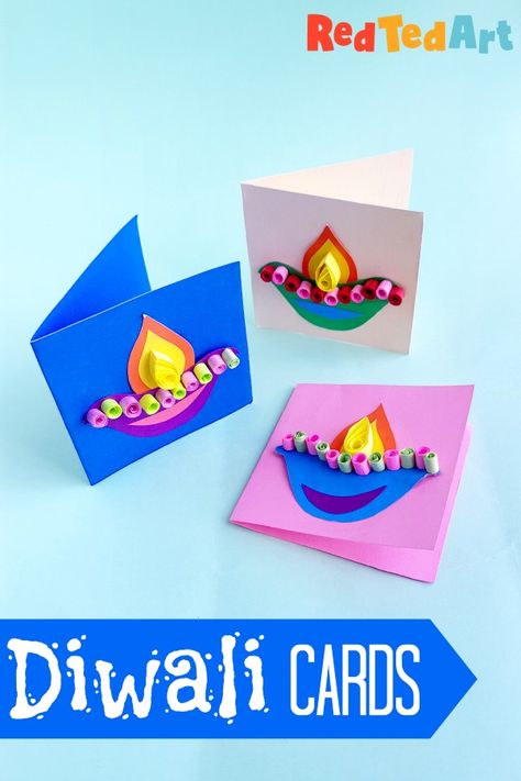 Easy DIY Diwali Card for Kids. This is a great craft idea for Diwali! #diwali #kidscraft #kidsdiwali Card Making Ideas For Kids, Diwali Card Making, Diwali Craft For Children, Easy Card Making, Diwali Activities, Diwali Crafts, Diwali Card, Card Making Ideas Easy, Diwali Ideas