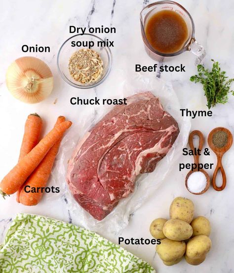 This ultimate Crock-Pot Pot Roast with Onion Soup Mix is a classic pot roast recipe made even better! Featuring a beef chuck roast topped with dry onion soup mix, then cooked low and slow in a slow cooker surrounded by potatoes, carrots, and onions, it makes a delicious dinner the whole family will love. Ranch Packet Pot Roast, Roast Potatoes And Carrots Crockpot Onion Soup, Au Jus Roast Crockpot, Beef Round Top Round Roast Crock Pot, Beef English Roast Recipes Crock Pot, Pot Roast Onion Soup Mix Crock, Chuck Roast With Potatoes And Carrots, Pot Roast Crock Pot Recipes Onion Soup, Crock Pot Chuck Roast Slow Cooker