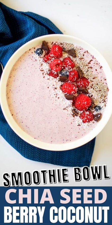 This smoothie bowl is made using chia seeds, berries, and coconut, and is delicious. Using Chia Seeds, Coconut Smoothie Bowl, Coconut Chia, Coconut Smoothie, Smoothie Bowl Recipe, Smoothie Bowls, Bowl Recipe, Chocolate Shavings, Frozen Blueberries