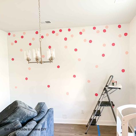 How to Paint a Polka Dot Wall ⋆ A Girl's Guide to Home DIY Cordless Blinds, Over The Couch, Polka Dot Walls, Tape Painting, Playroom Furniture, Diy House Projects, Drop Cloth, Kid Table, Girl Guides