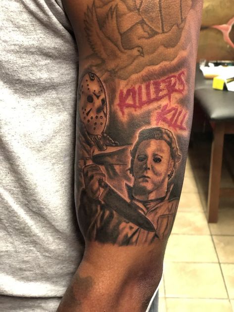 Horror tattoo | Shoulder sleeve tattoos, Forearm sleeve tattoos, Quarter sleeve tattoos Jason Leg Tattoo Men, Horror Movie Forearm Tattoo, Killers Kill Tattoo, Horror Movie Tattoos Ideas Sleeve, Men Tattoo Shoulder Ideas, Chucky Gemini Tattoo, Bad Guy Tattoo, Filler Tattoo Ideas Gap Men Arm, Men Forearm Tattoos Sleeve