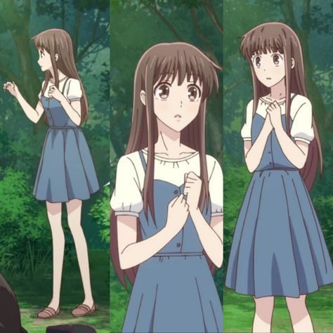 tohru honda wearing a blue dress and white shirt with puffed sleeves underneath Tohru Honda Clothes, Tohru Honda Outfit Aesthetic, Tohru Honda Inspired Outfits, Tohru Honda Outfit Ideas, Fruits Basket Outfits, Puffed Sleeves Outfit, Tohru Honda Outfit, Toru Honda, Shoujo Outfits