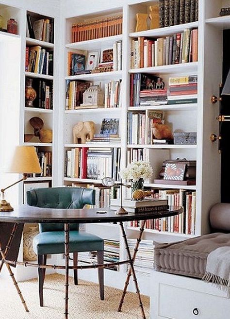 bookcase Home Office With Daybed, Office With Daybed, Home Office Guest Room Combo, Cozy Home Library, Home Office/guest Room, Office Guest Room, Home Library Design, Guest Room Office, Home Libraries