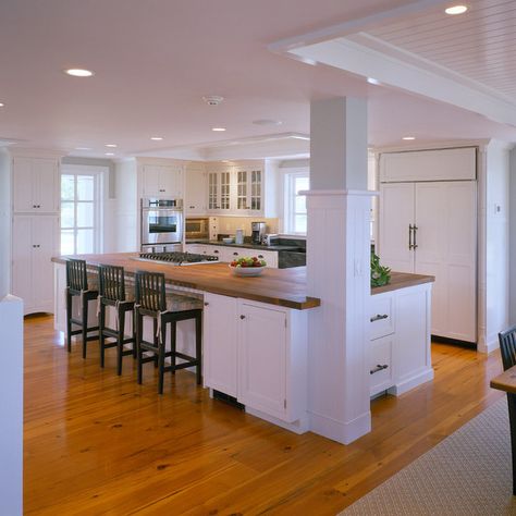 Support Beams | Houzz Islands With Columns, Kitchen Island With Columns, Kitchen Columns, Small Kitchen Dining Room Combo, Artistic Kitchen, Boston House, Kitchen Dining Room Combo, Ikea Kitchen Island, Basement Remodel Diy