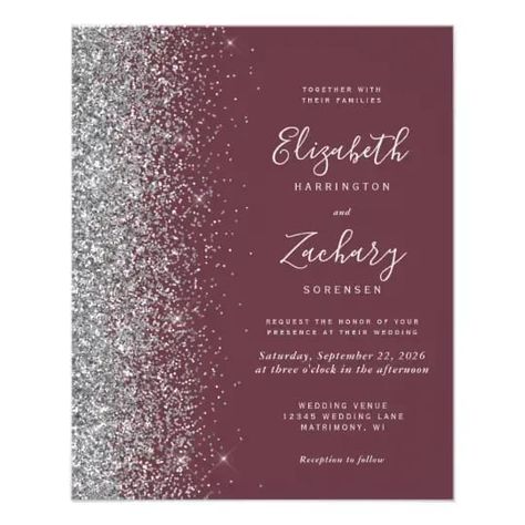 Burgundy Silver Wedding, Burgundy And Grey Wedding, Silver Wedding Decorations, Gold Glitter Wedding, Grey Wedding Invitations, Burgundy Background, Silver Wedding Invitations, Elegant Modern Wedding, Afternoon Wedding