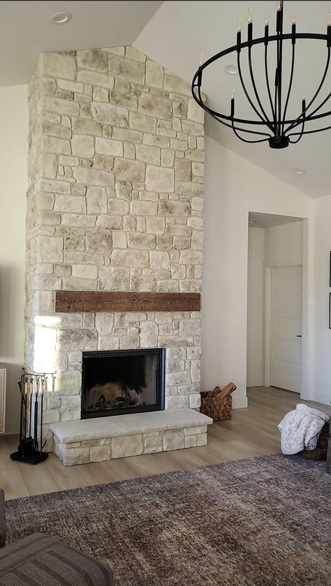 Stones For Fireplaces, Free Standing Fireplace Living Rooms Stone, Texas Hill Country Stone Fireplace, Stone Farmhouse Fireplace, Stone Overlay On Brick Fireplace, Stone Fireplace With Cathedral Ceiling, Faux Fireplace Stone Wall, Light Rock Fireplace, Great Room Stone Fireplace