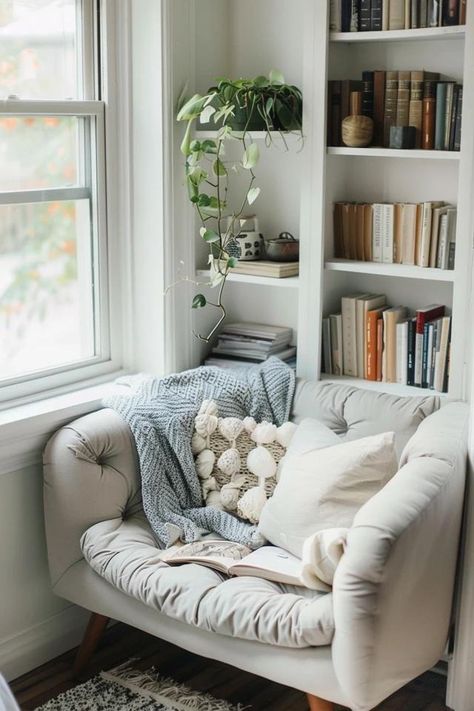 Cozy Corner Reading Nook Ideas for Book Lovers Living Room Designs With Reading Area, Master Reading Nook Cozy Corner, Bedroom Alcove Ideas Cozy Nook, Seating Corner In Bedroom, Reading Corner With Shelves, Meditation Nook Cozy Corner, Bedroom Corner Chair And Mirror, Reading Nook Stair Landing, Home Library Cozy Reading Chairs