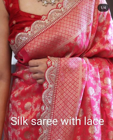 Saree Lace Border Design, Saree Border Designs Lace, Banarasi Shalu, Saree Border Designs, Saree Lace Border, Benaras Sarees, Lace Border Design, Saree Color Combinations, Saree Borders