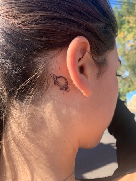 #tattoo #saturn #space #planets #aesthetic #tattooideas #tattoosforwomen #tattooart Saturn Tattoo Placement, Saturn Tattoo Behind Ear, Space Planets Aesthetic, Planets Aesthetic, Saturn Tattoo, Tattoo Shading, Elbow Tattoos, Sweet Tattoos, Space Planets