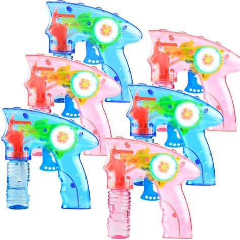 PRICES MAY VARY. 6 Pack wind up handheld bubbles guns that blows bubbles and light up when winding, Transparent design(3 blue + 3 red) with bottle solutions, packed in a beautiful designed box. No batteries needed specially designed for hours of fun! With every press of the trigger, the bubble shooter toys produce a mesmerizing lights and stream of bubbles. Manual bubble shooter, perfect for a multi-kid household or thrilling kids at any party! Simply attach the bubble solution bottle to the bas Bubble Blowing Toys, Summer Outdoor Games, Bubble Blowing, Outdoor Summer Activities, Summer Game, Colored Bubbles, Birthday Giveaways, Kid Boy, Summer Toys