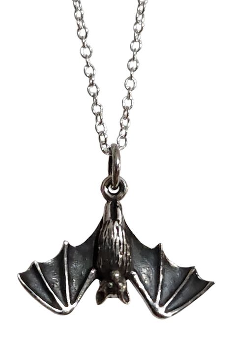 Sterling Silver Realistic Hanging Bat Charm. With its wings spread wide, this cave dweller is a creature of the night. Due to their keen senses, bats symbolize intuition, dreams, and visions to many cultures. And, though not known for their charm & warmth, bats are very nurturing, exhibit verbal communication, touching, and sensitivity to members of their group. Flaunt your darker side with this around your neck spell binding jewellery with this bat charm in the spotlight. And, though it would m Dark Silver Jewelry, Nosferatu Vampire, Creature Of The Night, Verbal Communication, Bat Pendant, Bat Jewelry, Hanging Bat, Dreams And Visions, Spider Earrings