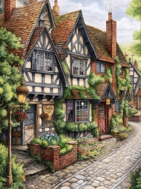 Tudor Village, House Concept Art, Town Drawing, Art Buildings, Townhouse Exterior, House Concept, Tudor Style Homes, Vintage Architecture, Thatched Cottage