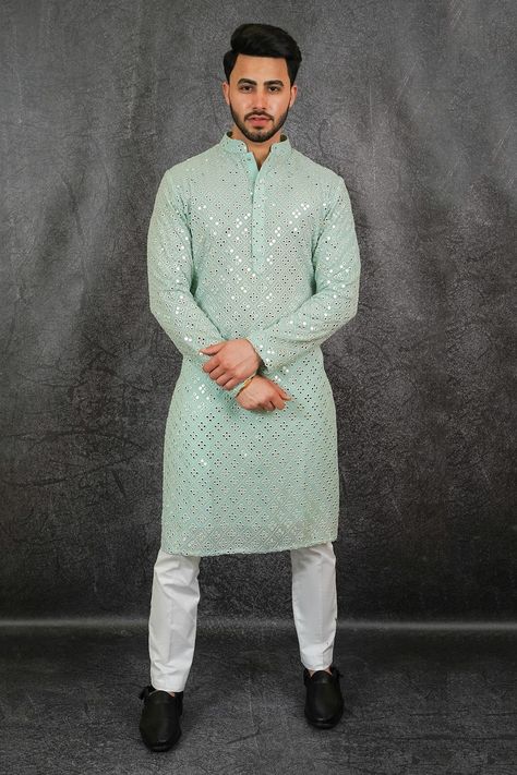 Mint green kurta with geometric embroidered motifs in mirror, foil work and mandarin collar. Components:1 Pattern:Embroidered Type of Work:Foil and Mirror Work Neckline:Mandarin Sleeve Length:Full Sleeves Fabric:Georgette Color:Green Other Details: Front buttons Note: Pant worn by the model is not for sale Occasion:Sangeet - Aza Fashions Kurta Pajama Men, Kurta For Men, Gents Kurta, Kurta Men, Kurta Pyjama, Indian Kurta, Salwar Kamiz, Indian Wedding Wear, Ethnic Looks