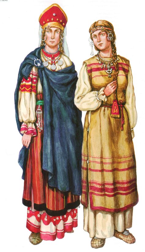 Slavic costumes - Volhynians and Drevlyans (East Slavic tribes in nowadays Ukraine) Slavic Clothing, Russian Clothing, Ukrainian Clothing, Viking Clothing, Medieval Costume, Russian Folk, Folk Dresses, Medieval Clothing, Medieval Fashion