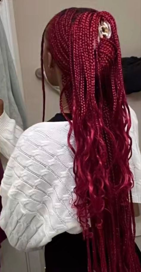 Eye-Catching Cherry Red Hair Ideas for Every Mood Dark Red Cornrows, Dark Red Box Braids, Red French Curl Braids, Dark Red Braids, Funky Braids, Red Hair Ideas, Red Box Braids, Ombre Box Braids, Red Hair Color Ideas