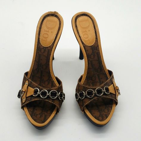 Dior Sandals Size 39 1/2 Color Brown 100% Authentic I Dont Sell Fake Brands All Items Can Be Verified At Store Locations Condition New But A Small Damages To The Back Of One Shoes Vintage Dior Heels, Dior Heels, Dior Sandals, One Shoes, Fun Heels, Vintage Heels, Girly Shoes, Knitted Romper, Brown Heels