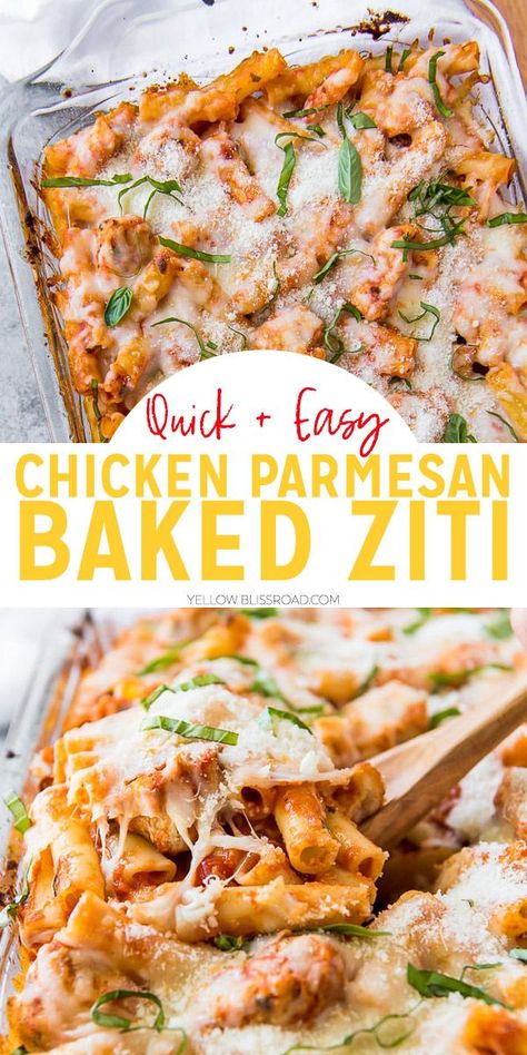 Rotisserie Chicken Baked Ziti, Chicken Ziti Pasta Recipes, Quick And Easy Chicken Parmesan, Easy Chicken Parmesan Bake, Baked Chicken Parm, Baked Ziti With Chicken, Baked Chicken Casserole, Chicken Pasta Casserole, Easy Baked Ziti