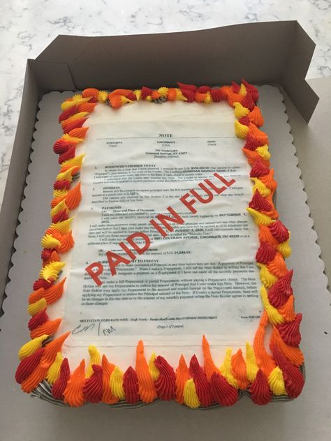 Mortgage burning cake Edible bank note Mortgage Burning Celebration, Paid Off Mortgage Celebration, Mortgage Burning Party Ideas, Debt Free Party, Burning Ceremony, Pharmd Graduation Party, Pharmd Graduation, Homecoming 2022, Mortgage Humor