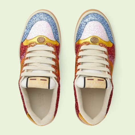 Gucci Glitter Sneakers, Gucci Lace-up Sneakers With Logo Detail, Gucci Multicolor Lace-up Sneakers, Gucci Leather High-top Sneakers With Embroidered Logo, Gucci Lace-up Sneakers With Embroidered Logo, Gucci Sneakers, Glitter Sneakers, Italy Print, Fancy Shoes